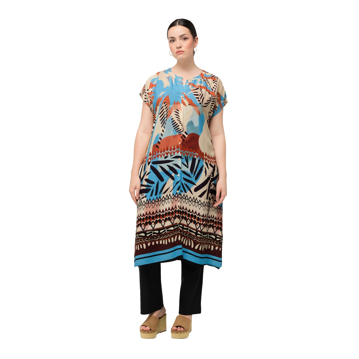 Blouse longue oversized à motif palmiers beige clair, ULLA POPKEN