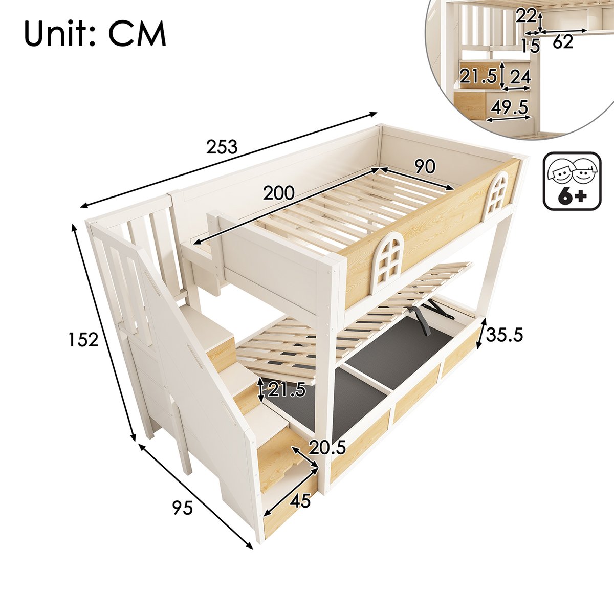 Lit superposé avec rangement, LOFTCOVEA chêne, MEUBLES COSY