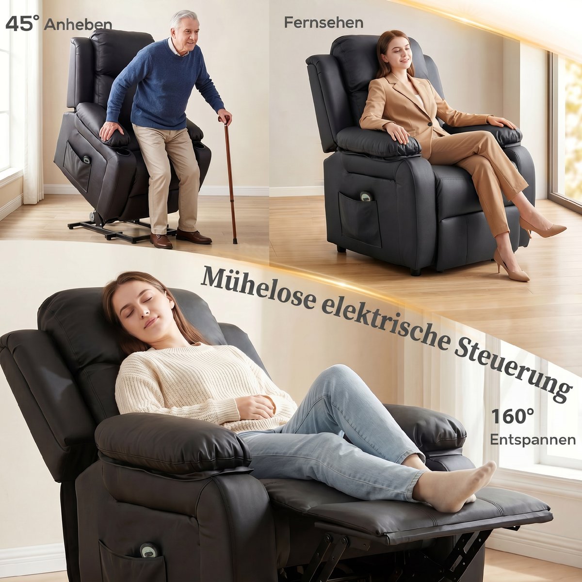 Fauteuil releveur électrique PU Noir noir, HOMCOM