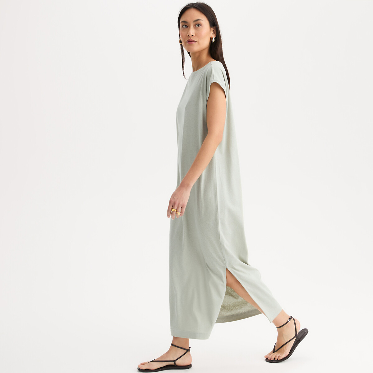 Robe T-shirt longueur midi en lin et coton vert amande, ANNE WEYBURN