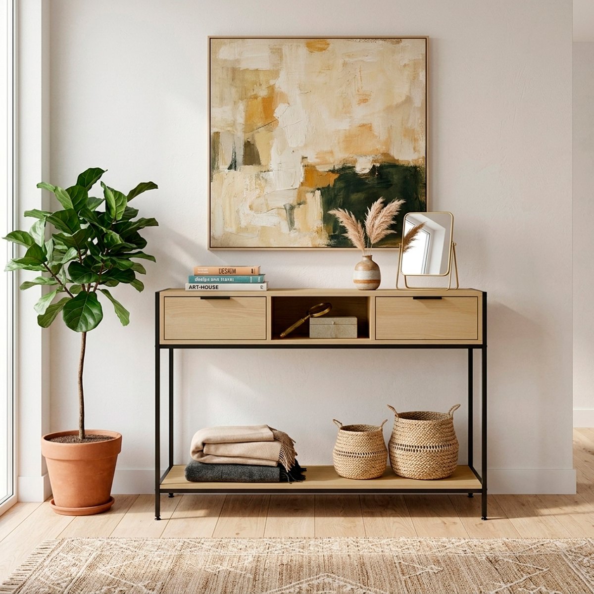 Console 2 tiroirs en placard et métal, ZENN chêne-gris graphite, HISPANOHOGAR