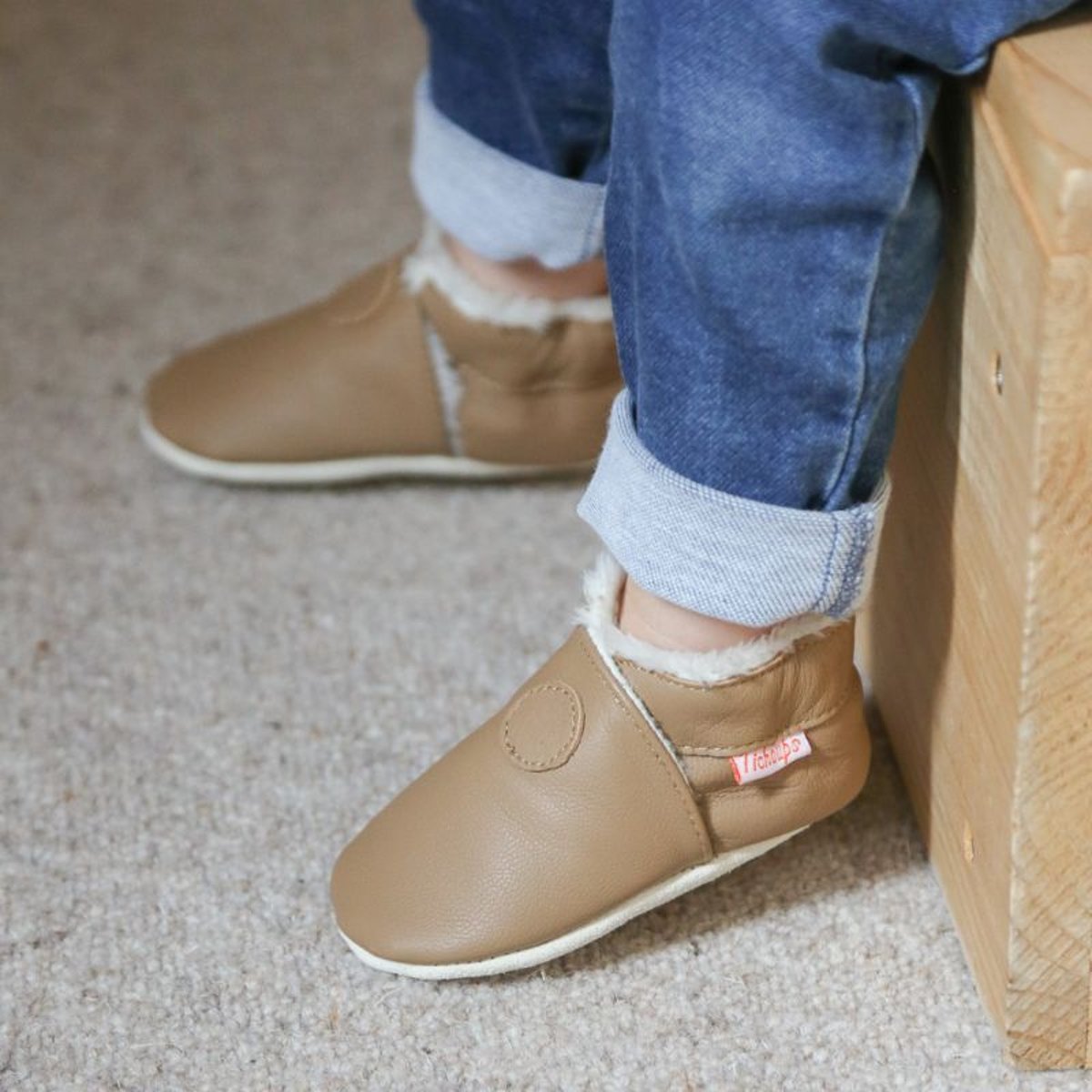 Chaussons cuir souple uni fourrés beige, TICHOUPS