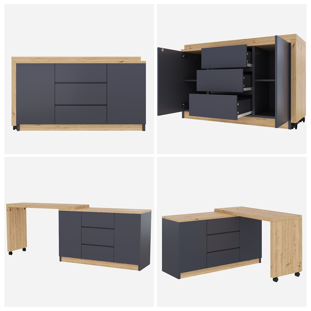 Bureau d’angle rotatif multifonction avec rangement intégré, DICCPERA gris, MEUBLES COSY