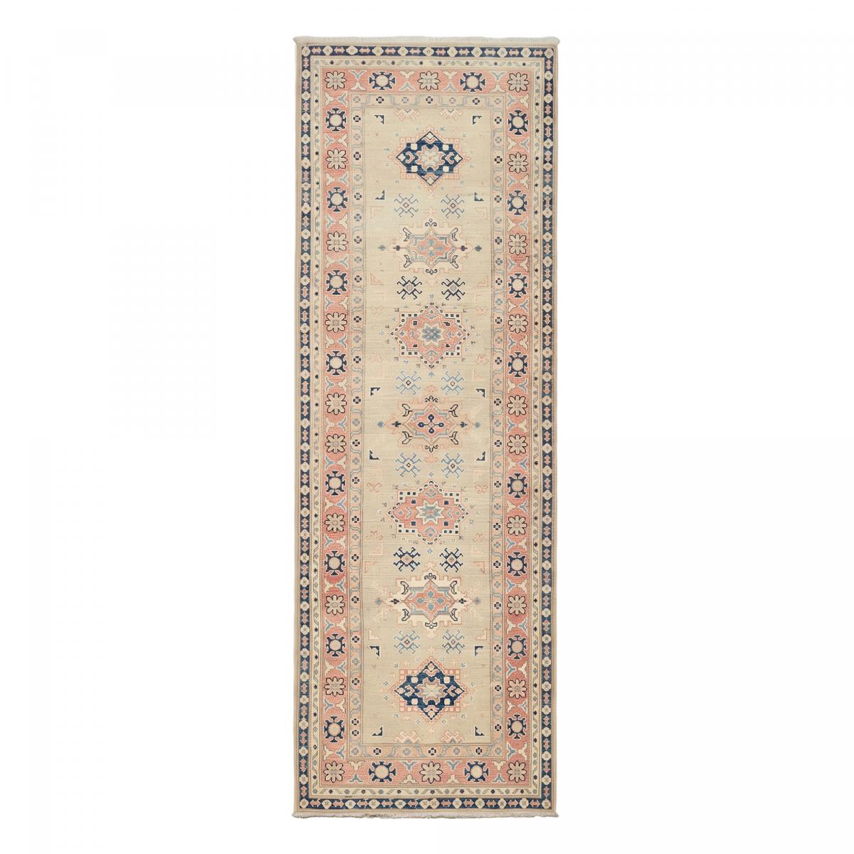 Tapis salon géométrique, noué main en laine, KAZAK CO 58 beige, rose, bleu, UN AMOUR DE TAPIS