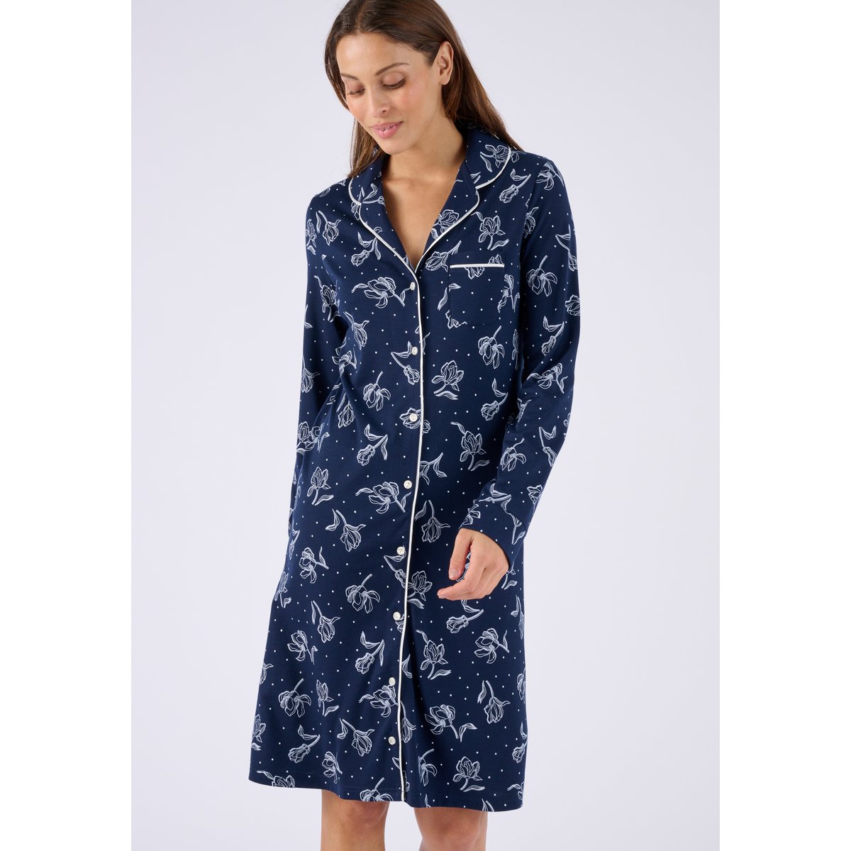 Chemise de nuit boutonnée Thermolactyl bleu marine fleuri, DAMART