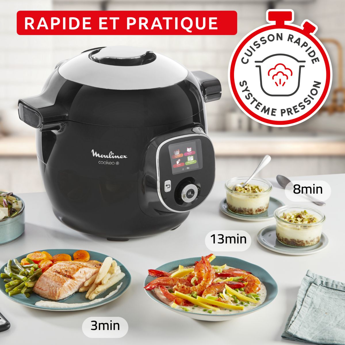 Cookeo CE85B8F0 Cookeo+ STD Noir - 6L (jusqu'à 6 personnes) - 6 mode de cuisson - 180 recettes couleur unique, MOULINEX