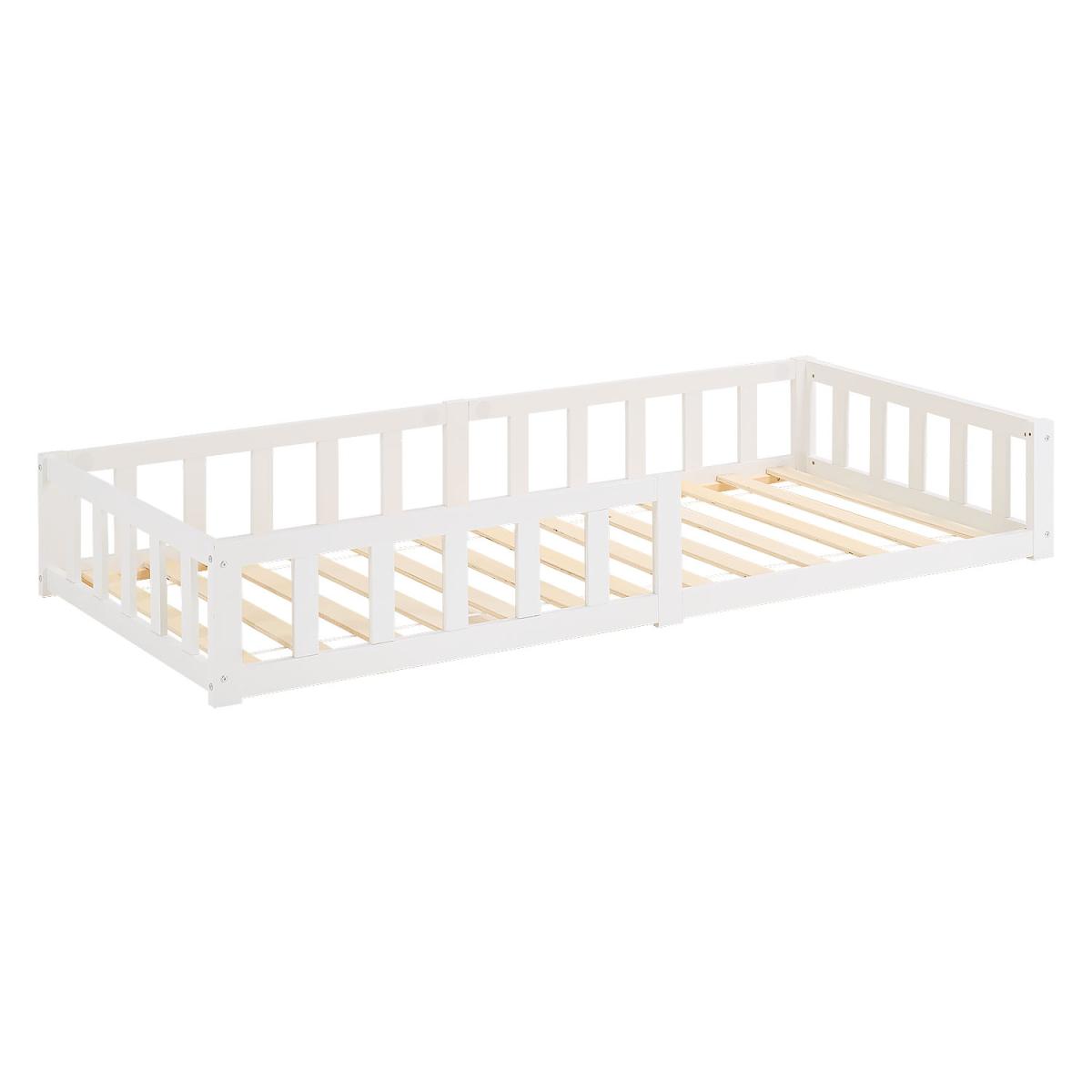 Lit enfant Montessori 90x200 cm blanc, bois massif, sommier, barrière, entrée réversible couleur unique, HOMESTYLE4U