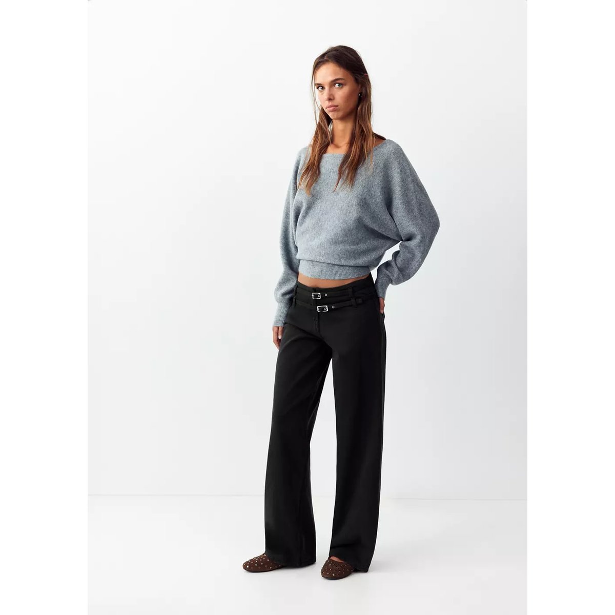 Jean wide leg avec double ceinture gris anthracite, MANGO TEEN