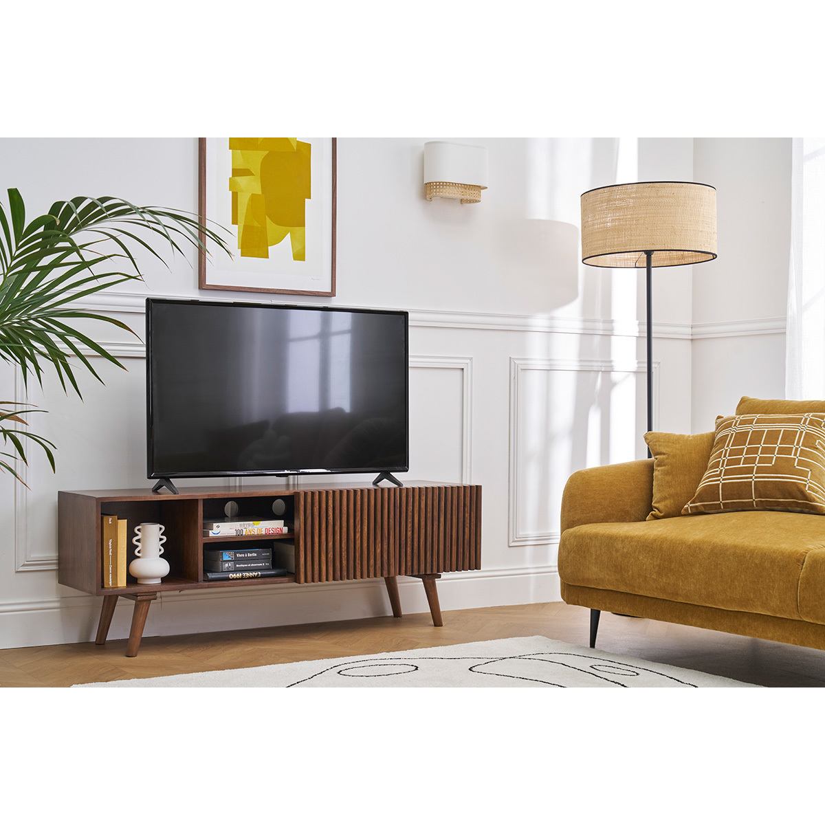 Meuble TV avec portes coulissantes L140 cm ALBA noyer, MILIBOO