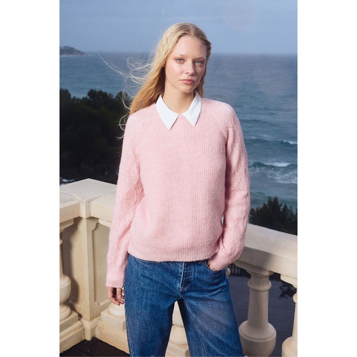 Pull col rond manches ajourées rose, MOLLY BRACKEN