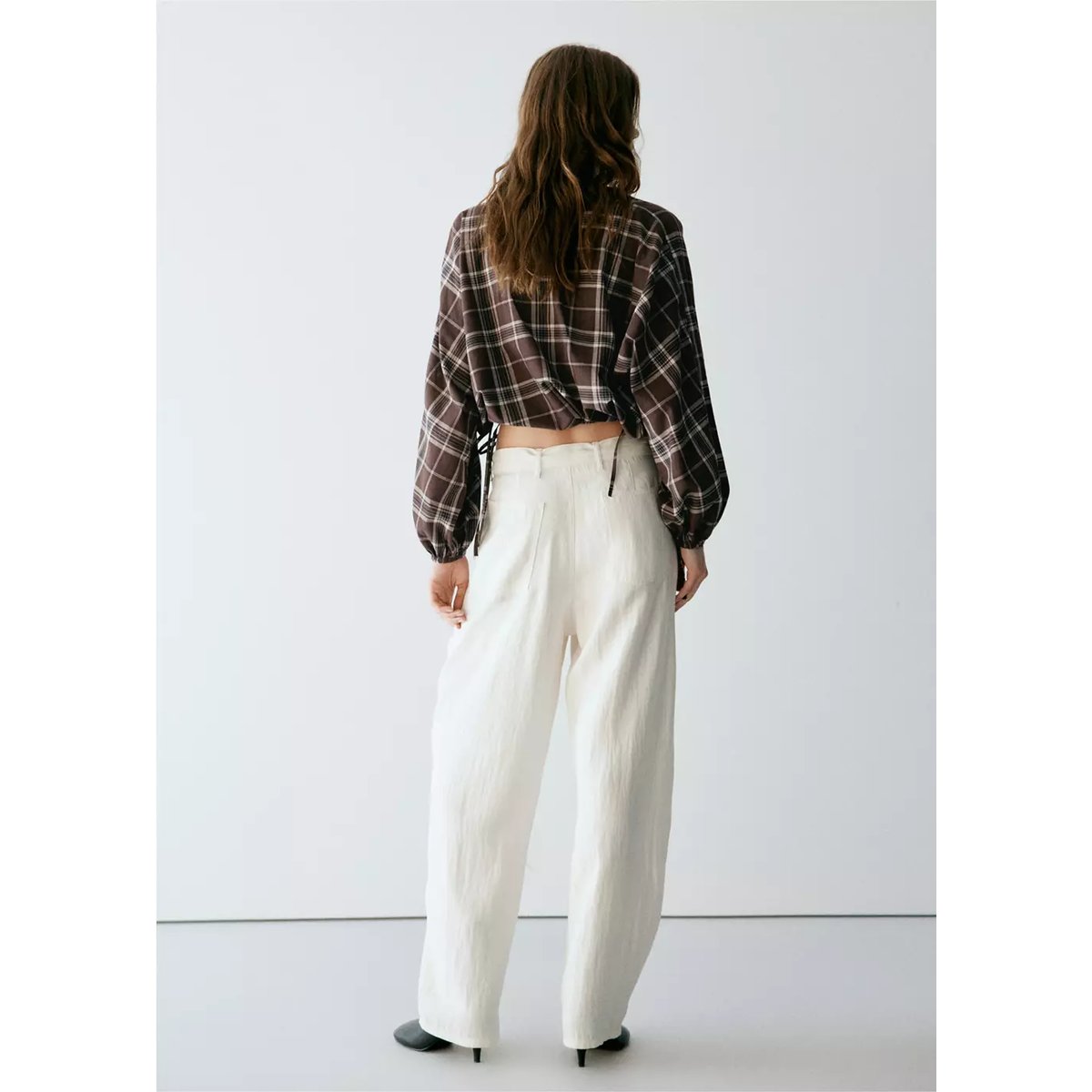 Chemise carreaux manches bouffantes marron, MANGO