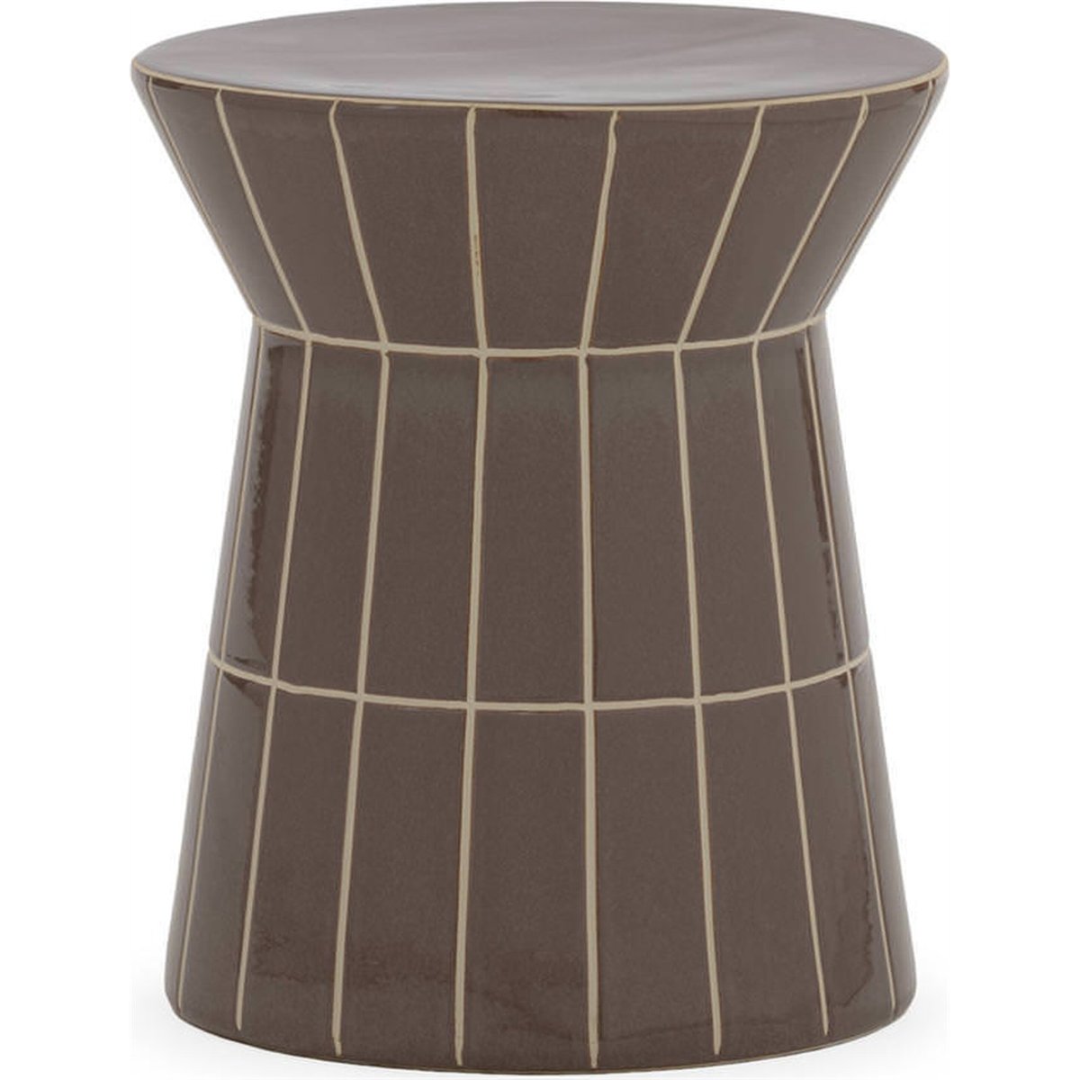 Tabouret en céramique au motif graphique brun à lignes beige, RECOLLECTION