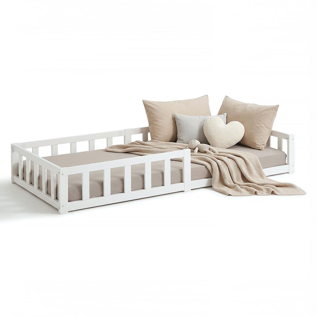 Lit enfant Montessori 90x200 cm blanc, bois massif, sommier, barrière, entrée réversible couleur unique, HOMESTYLE4U