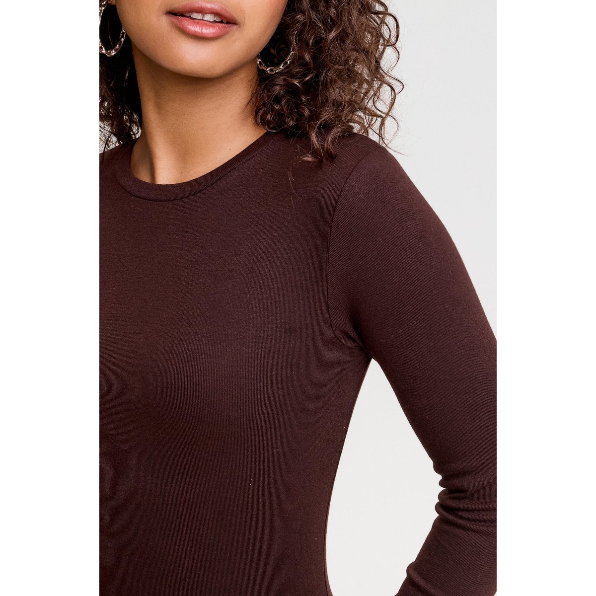 T-shirt cintré col rond manches longues marron foncé, CACHE CACHE