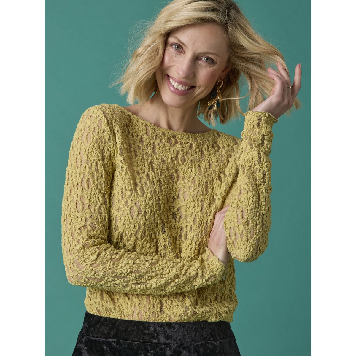 Tee-shirt dentelle manches longues vert, DAXON