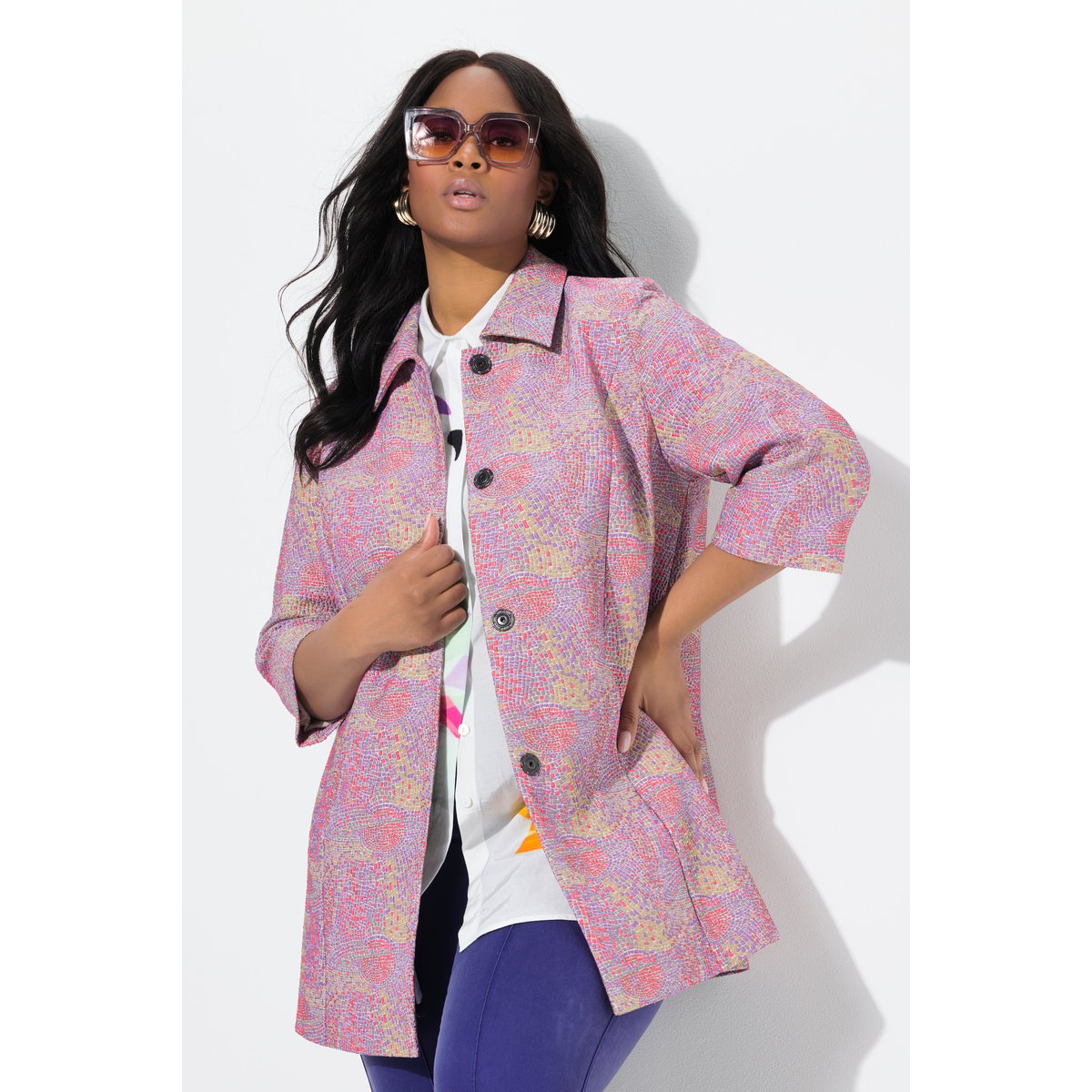 Veste à col chemise et manches 3/4. Motif lavande, ULLA POPKEN