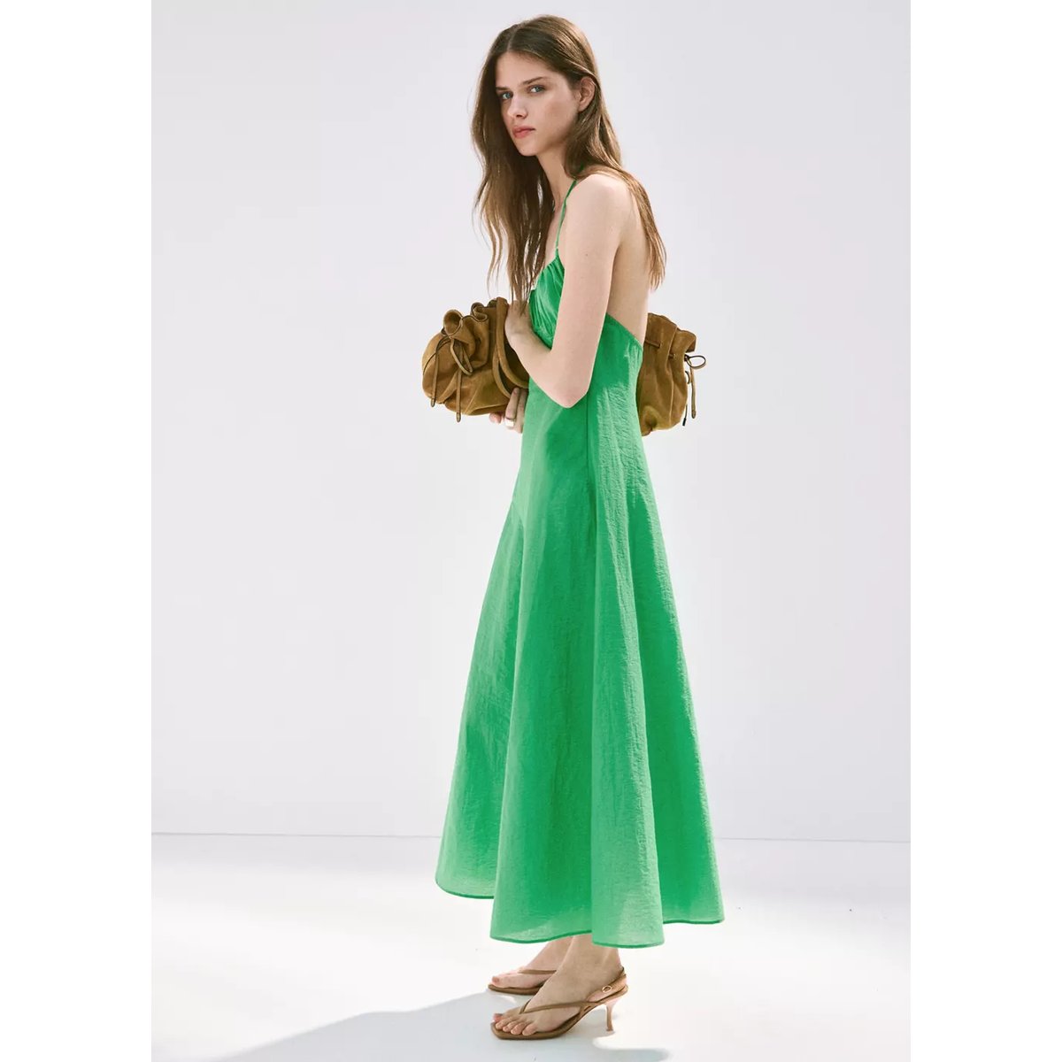 Robe emmanchures américaines détails froncés vert, MANGO