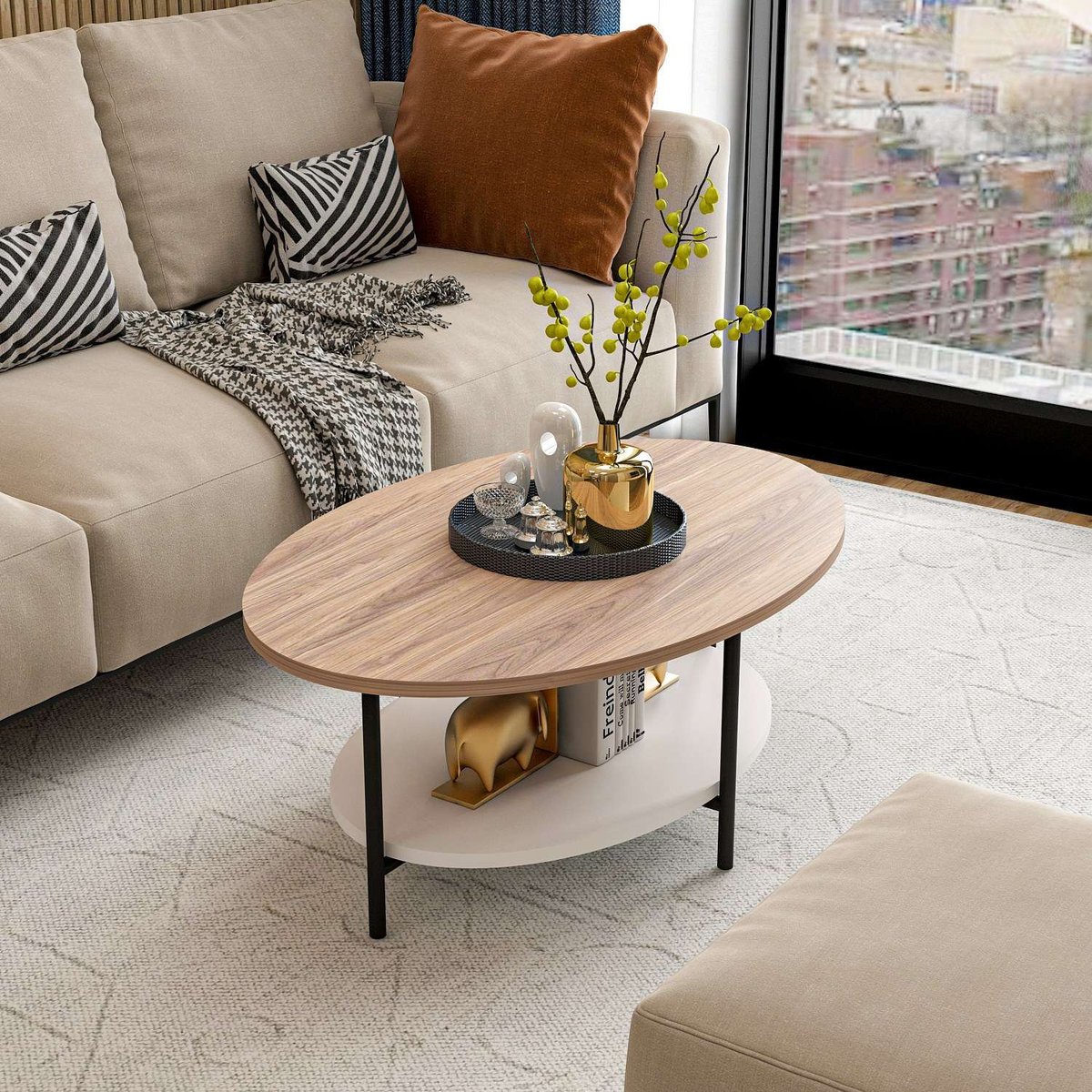 Table basse bicolore 1 étagère design scandinave OMBELINE beige, TOILINUX