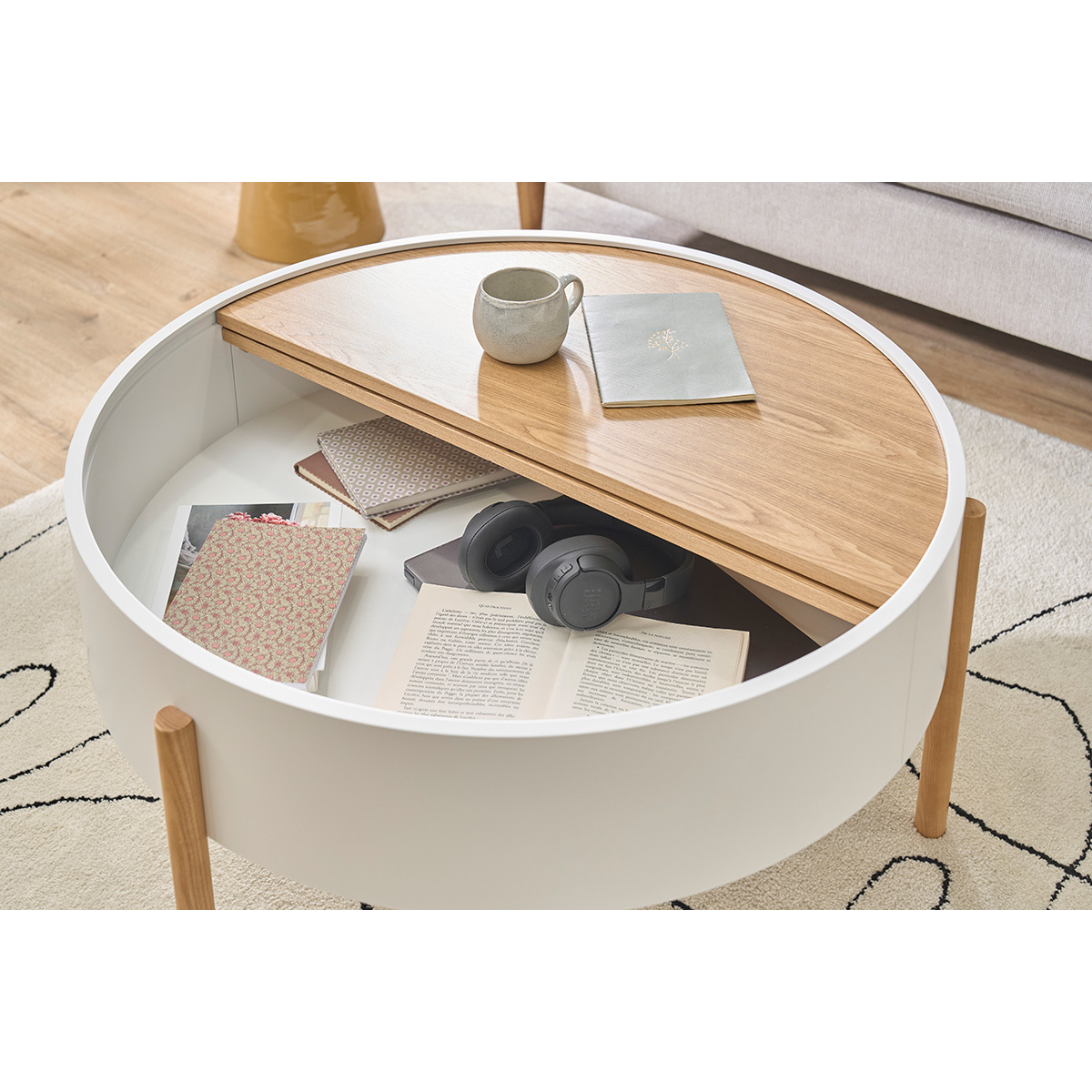 Table basse ronde bois clair frêne et métal noir avec plateau pivotant et rangement D80 cm YOLINE blanc, MILIBOO