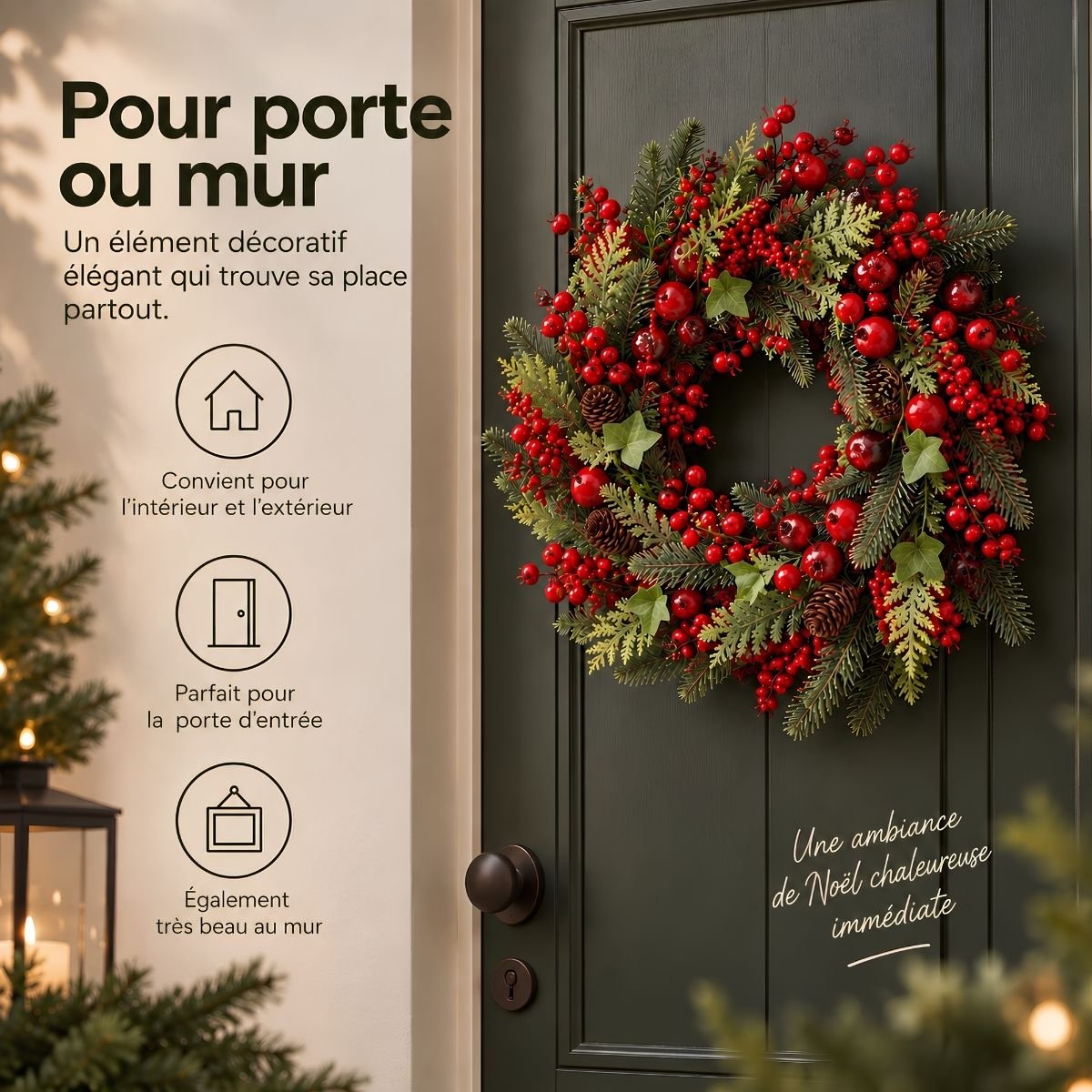 Couronne de Noël avec pommes de pin Ø50 cm NORAH rouge, MICA DECORATIONS