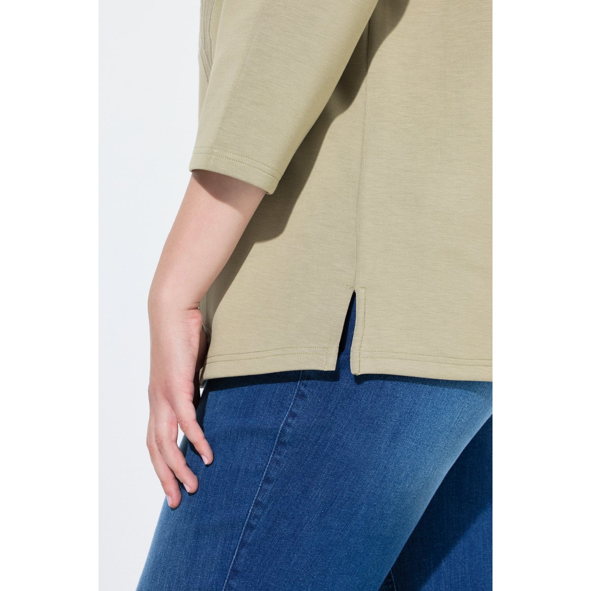 Sweat-shirt col rond et manches 3/4 kaki clair, ULLA POPKEN