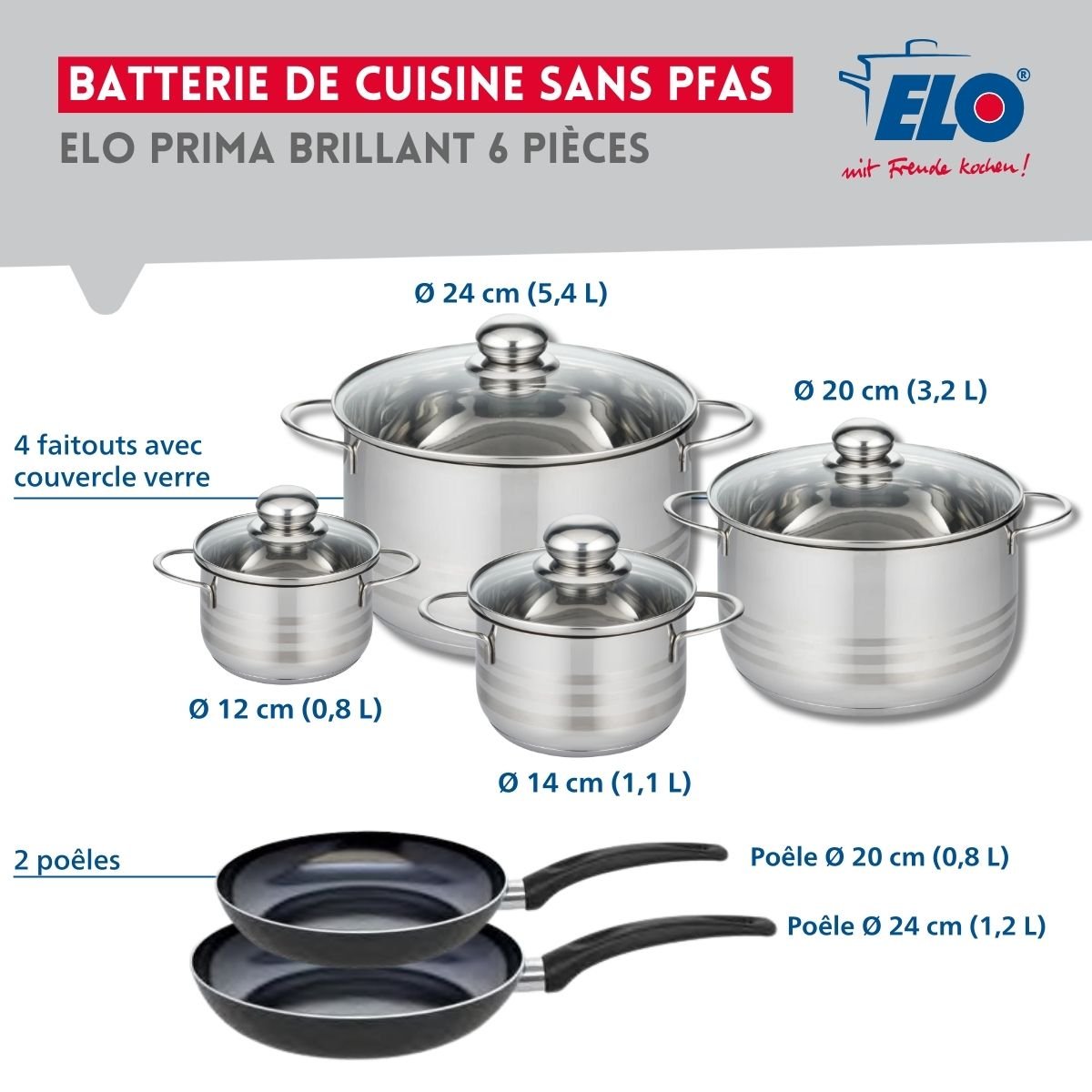 2 poêles 20/24cm + 4 faitouts 12/14/20/24cm PRIMA BRILLANT noir, ELO