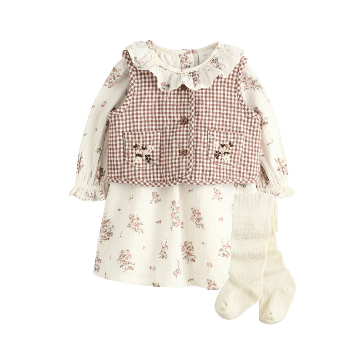 Ensemble robe, gilet et collant, 3 pièces écru à imprimé fleurs, NEXT