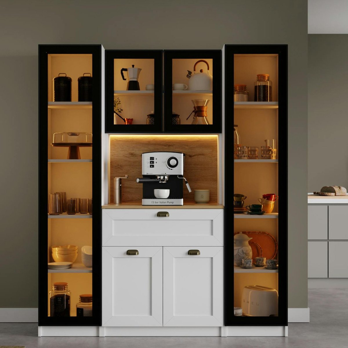 Vaisselier de cuisine à LED 6 portes décor blanc et noir AURA blanc, PIER IMPORT