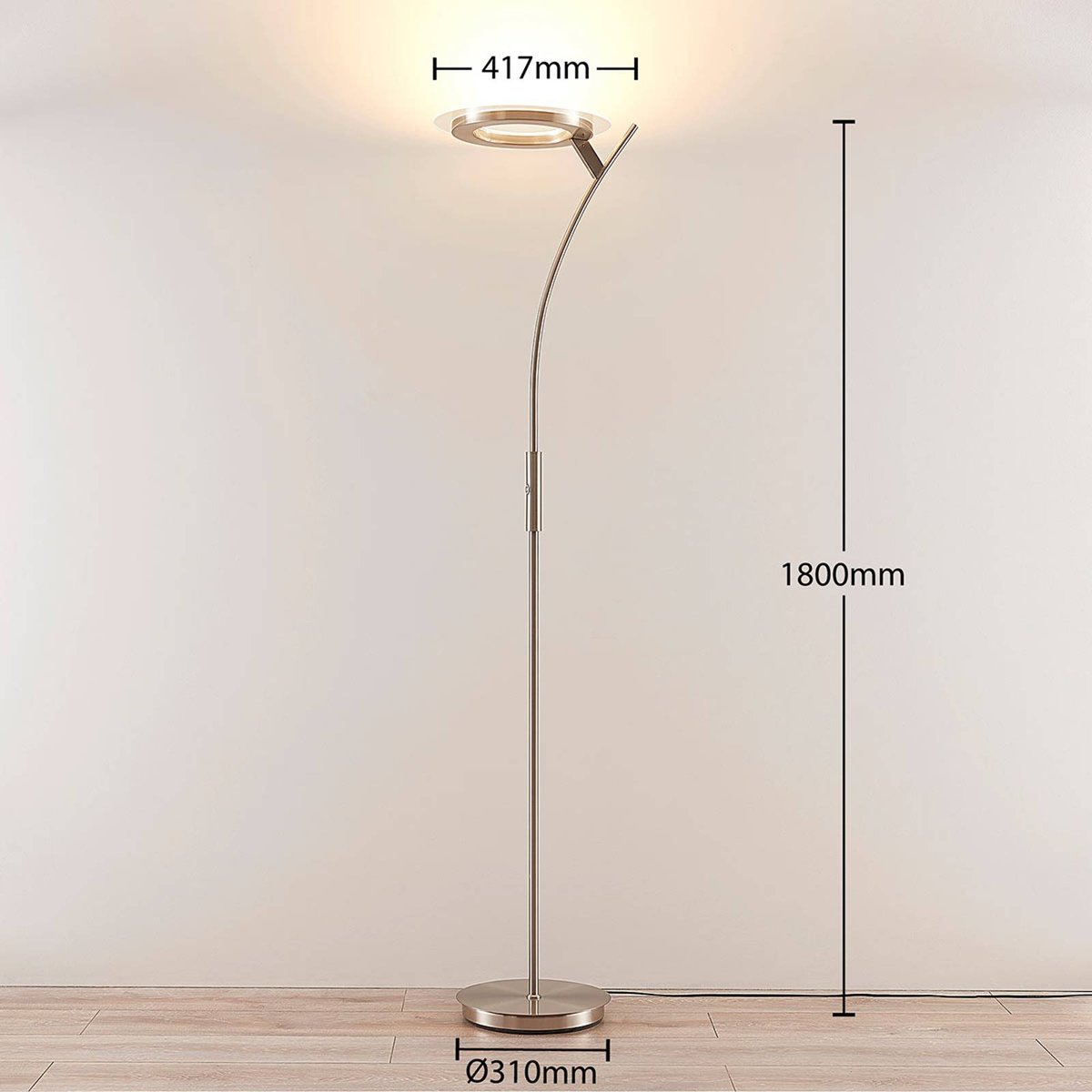 Lampadaire en métal moderneLED, Darion nickel satiné, transparent, LINDBY