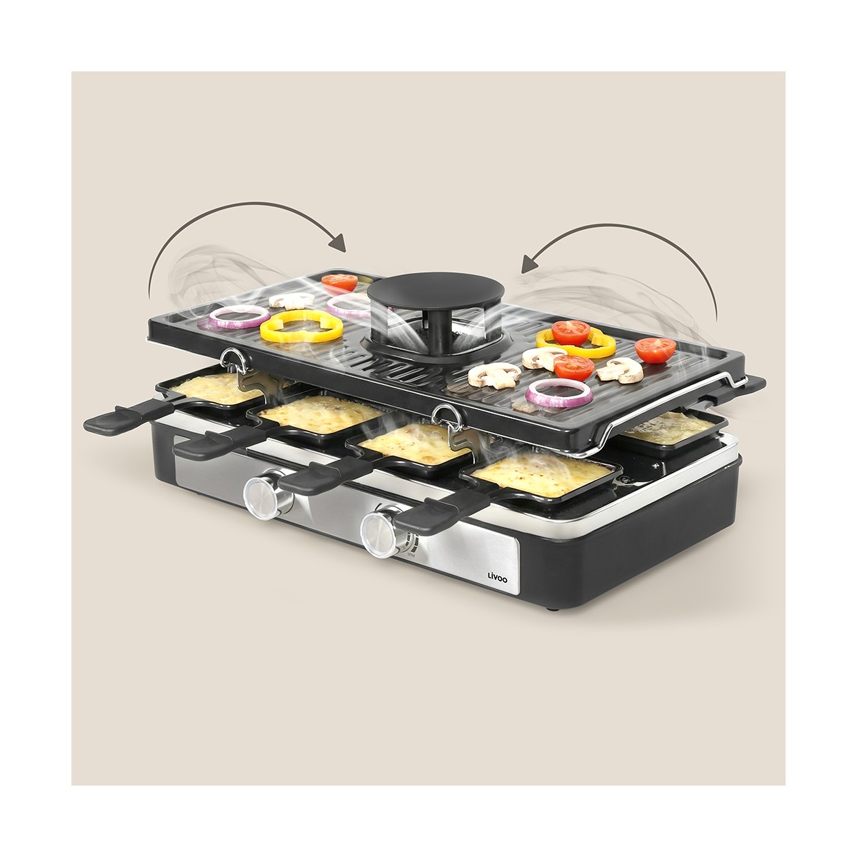 Appareil à raclette 8 personnes avec hotte aspirante gris, LIVOO