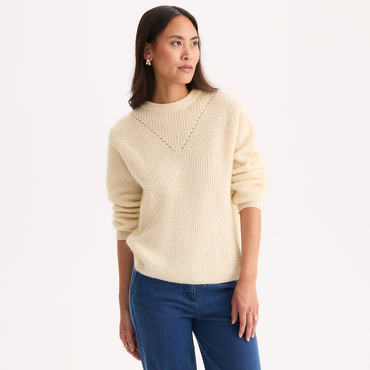 Pull col rond, en grosse maille, en laine et alpaga mélangés ivoire, ANNE WEYBURN