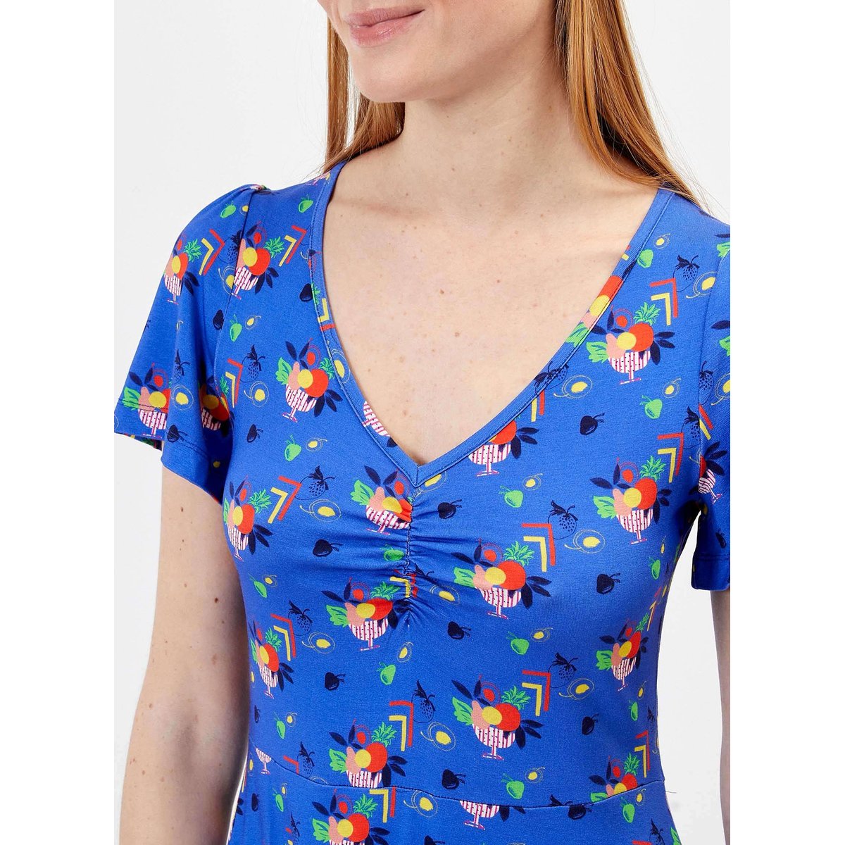 Robe imprimée fluide col V Ecovero LORENE bleu frutti, PRINCESSE NOMADE
