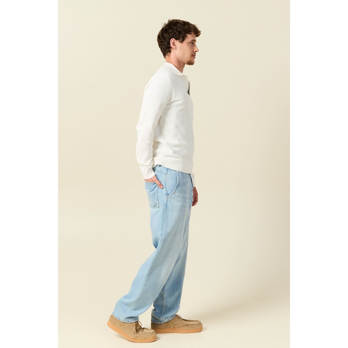 Pull droit col polo manches longues ecru, BONOBO