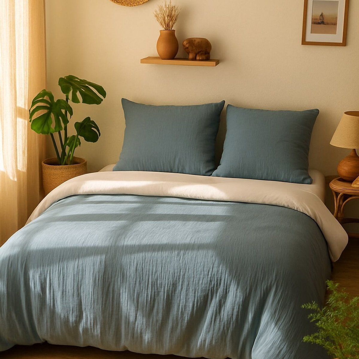Parure housse de couette en gaze de microfibre unie, MAYA bleu pétrole, C DESIGN HOME TEXTILE