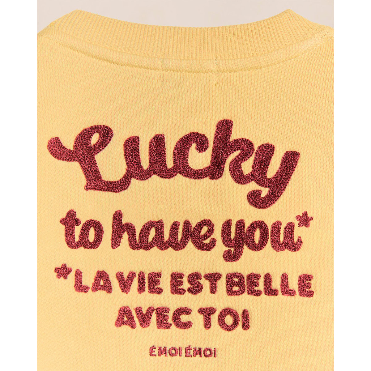 Sweat dos brodé en coton bio, LUCKY jaune - maïs, EMOI EMOI