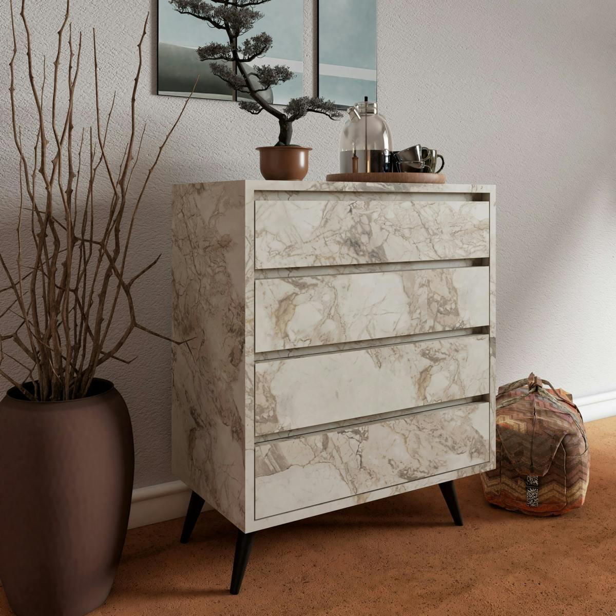 Commode moderne 4 tiroirs effet marbre, pieds noirs MARFA blanc, PIER IMPORT