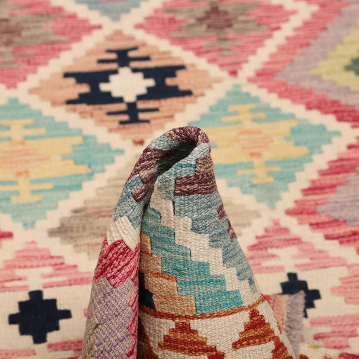 Tapis d'orient au motif ethnique, tissé à plat en laine, KILIM 7 multicolore, bleu, rouge, UN AMOUR DE TAPIS