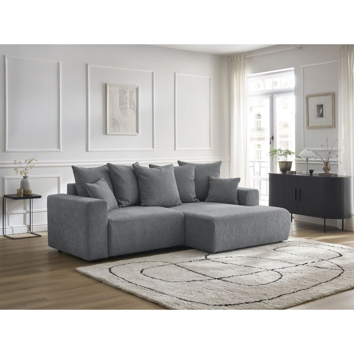 Canapé d'angle convertible 4 places en tissu texturé, ATILLA gris foncé, BOBOCHIC