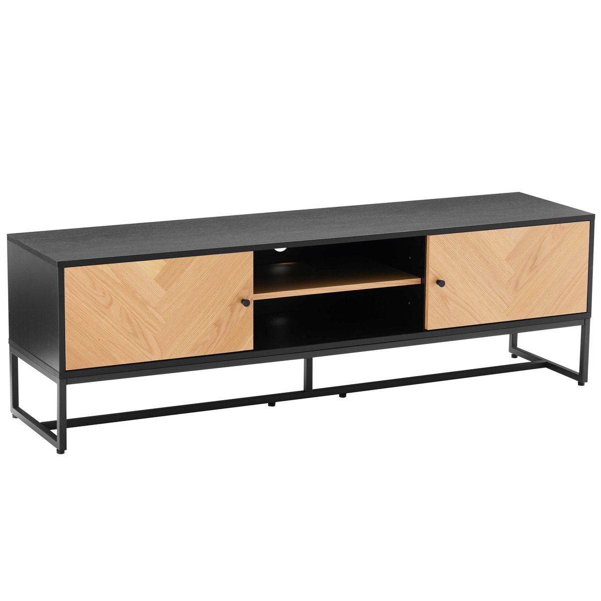 Meuble TV noir et bois plaqué chêne 160 cm, MARCEAU noir, OVIALA