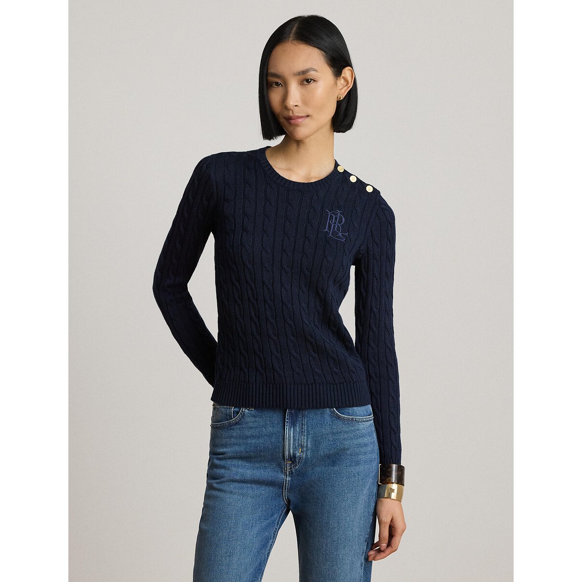 Pull col rond torsadé à manches longues et boutons marine, LAUREN RALPH LAUREN