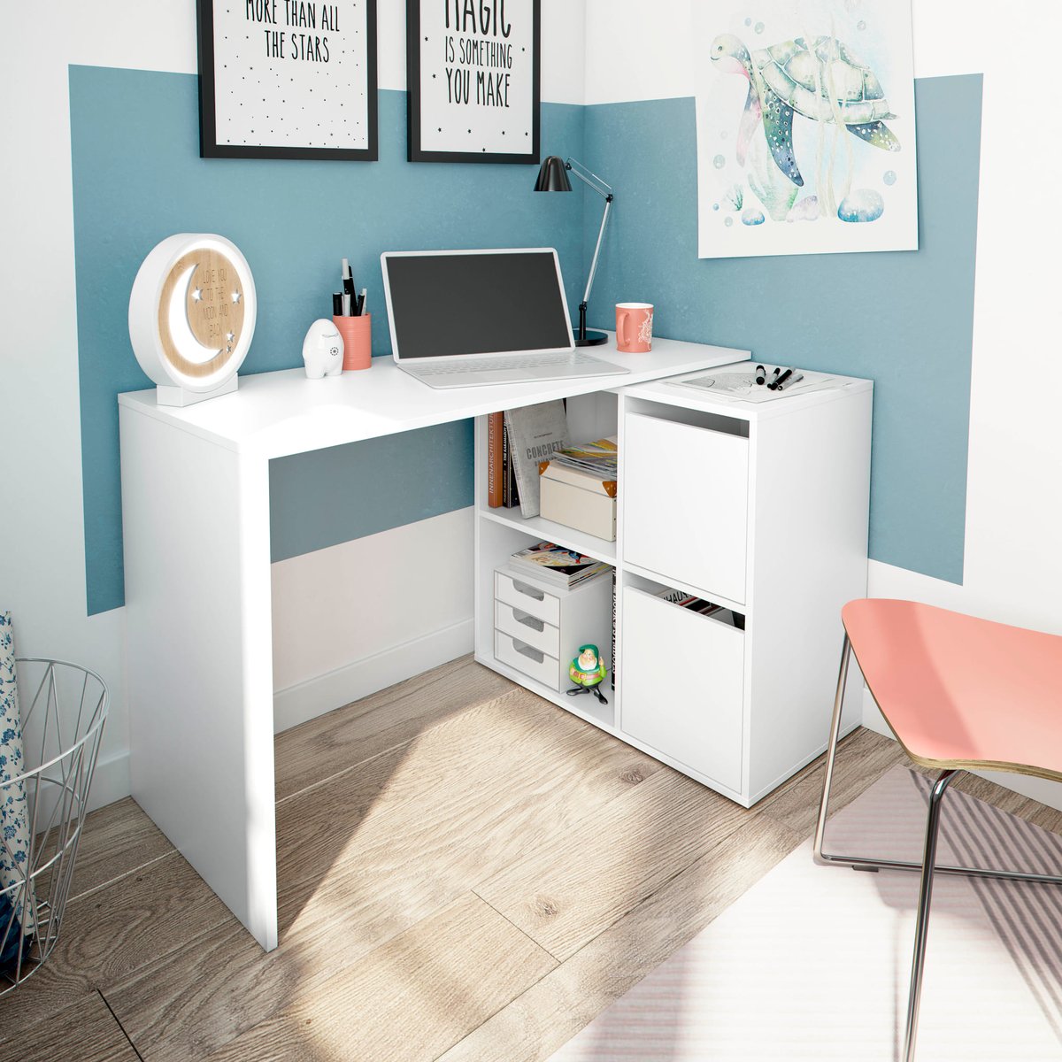 Bureau multiposition avec rangements blanc, TERRE DE NUIT