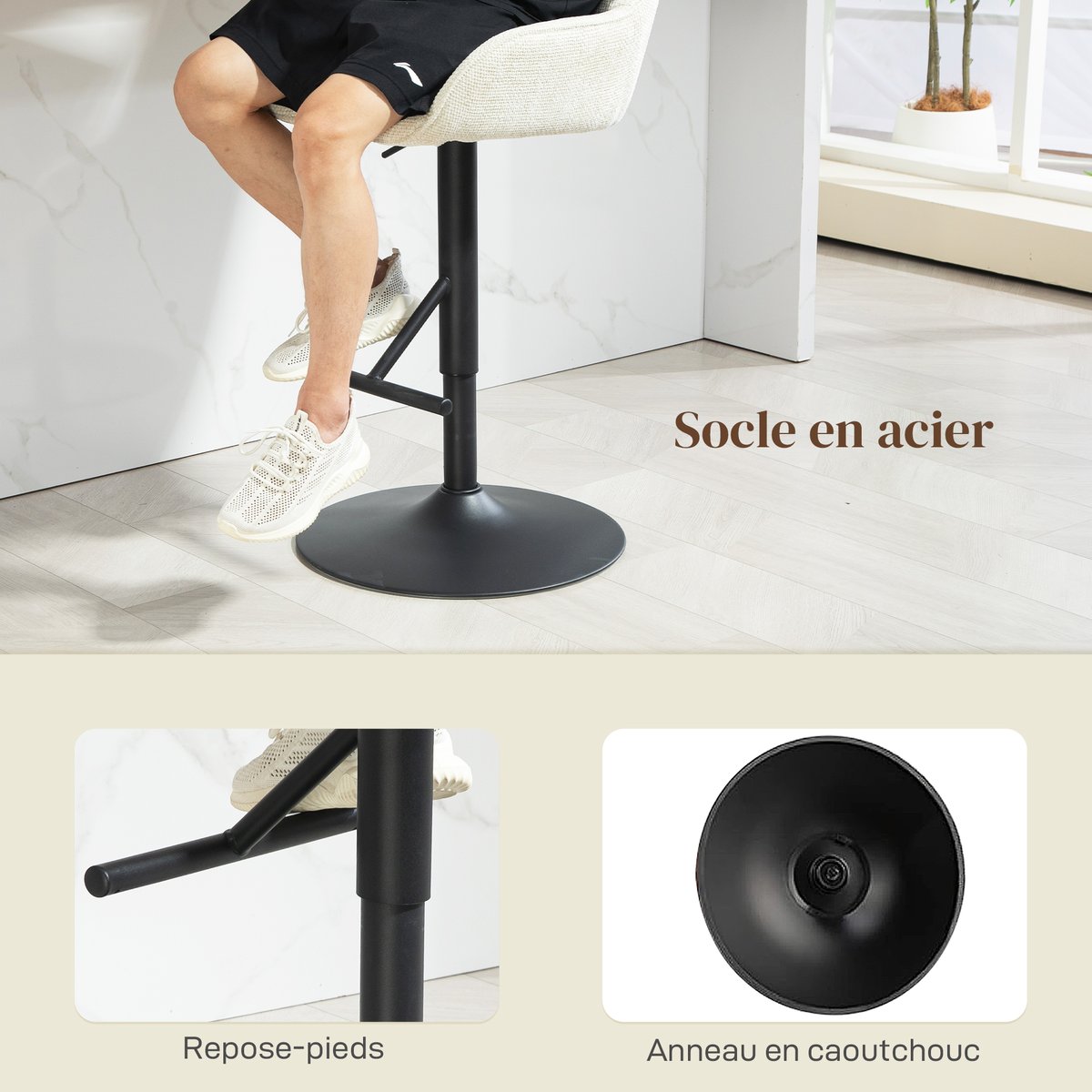 Tabouret de bar Polyester Crème crème, noir, HOMCOM