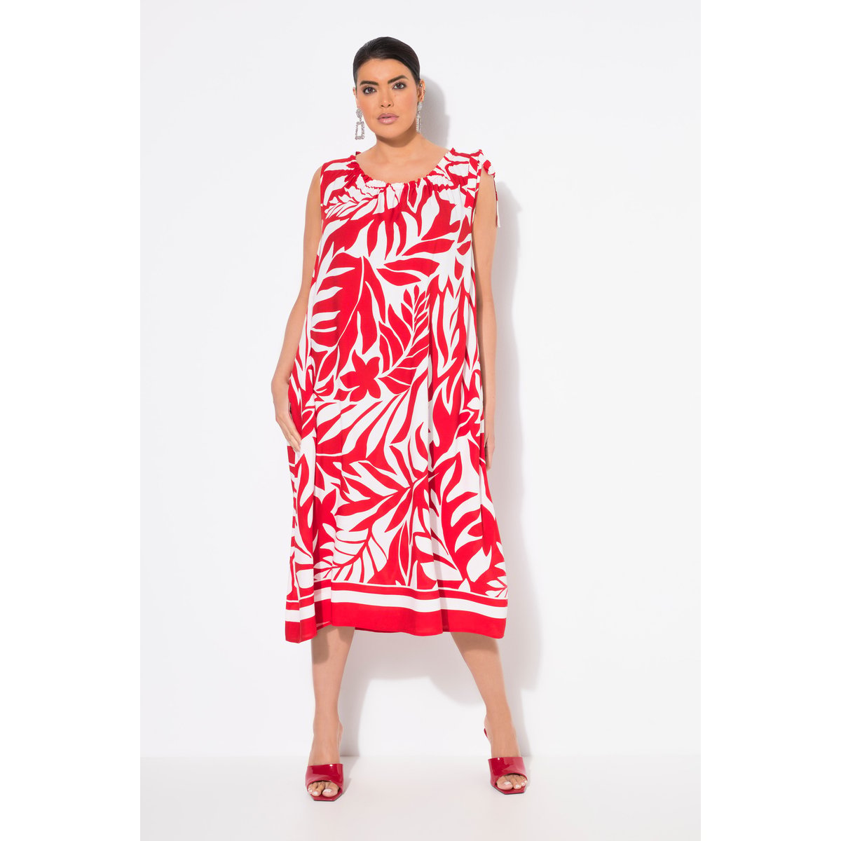 Robe midi sans manches. Motif feuilles. rouge néon, ULLA POPKEN