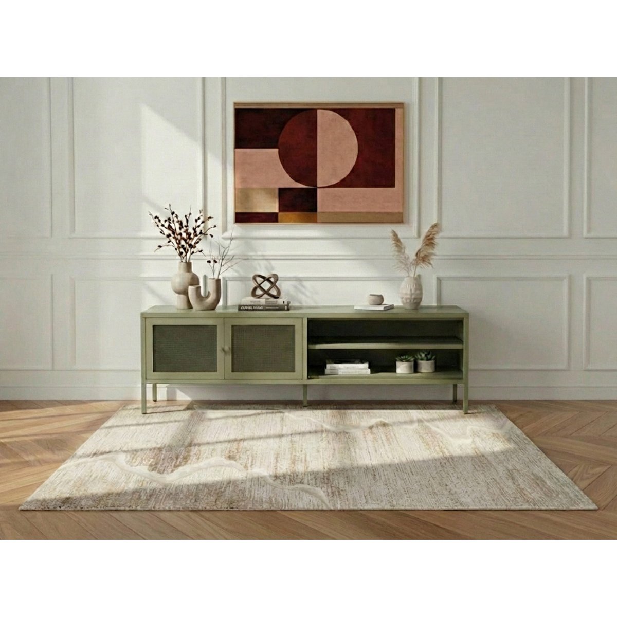 Meuble TV 160 cm métal, CLARA vert, BOBOCHIC