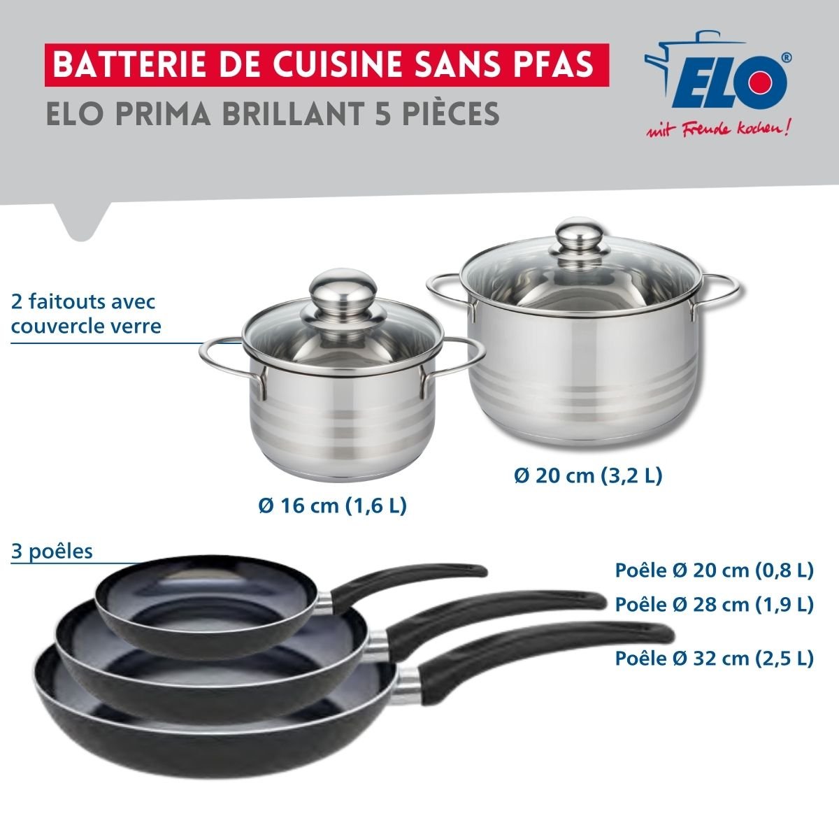 Batterie 3 poêles 20/28/32cm + 2 faitouts 16/20cm PRIMA BRILLANT noir, ELO