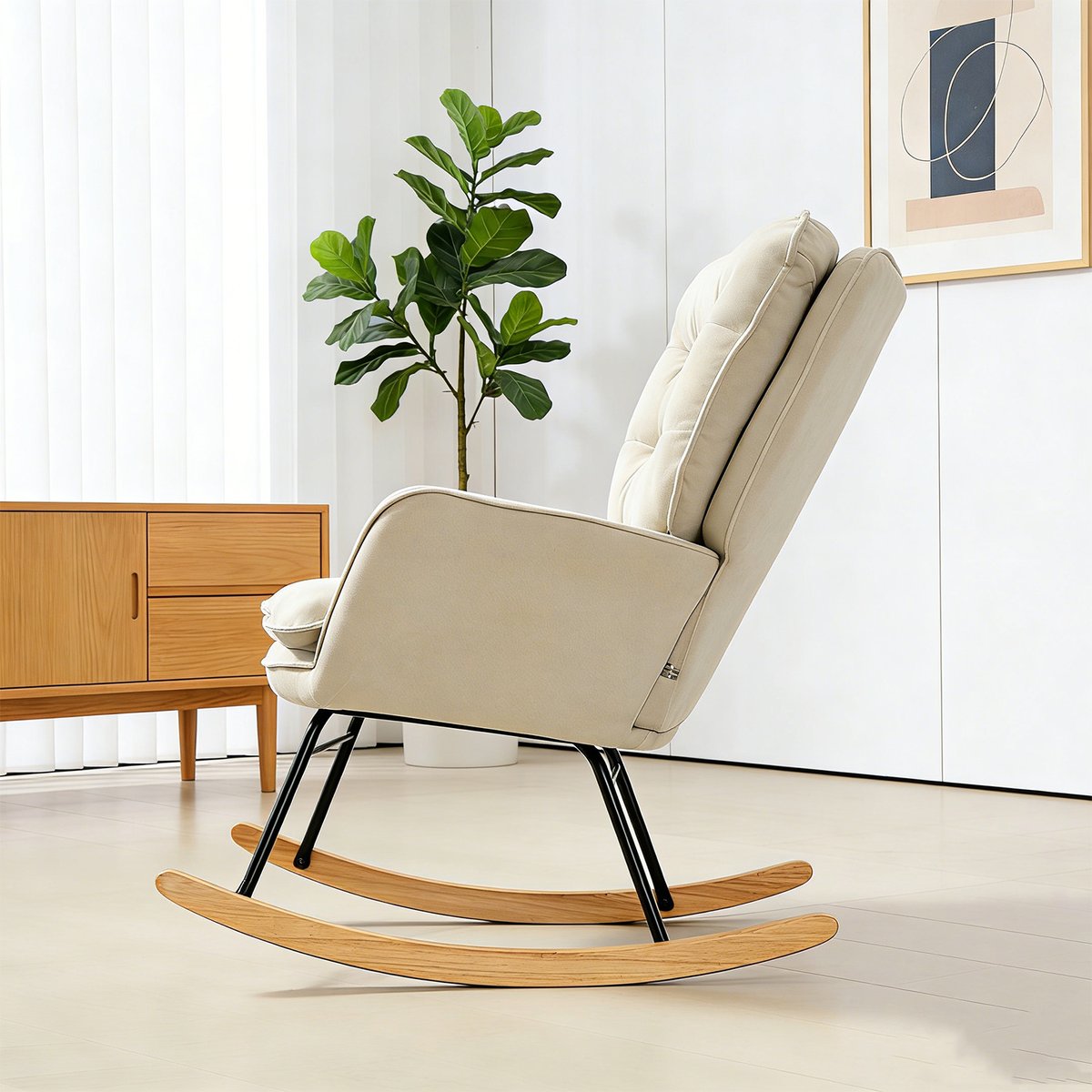 Fauteuil à bascule tissu chenille style scandinave, NEWFUNKELC beige, MEUBLES COSY