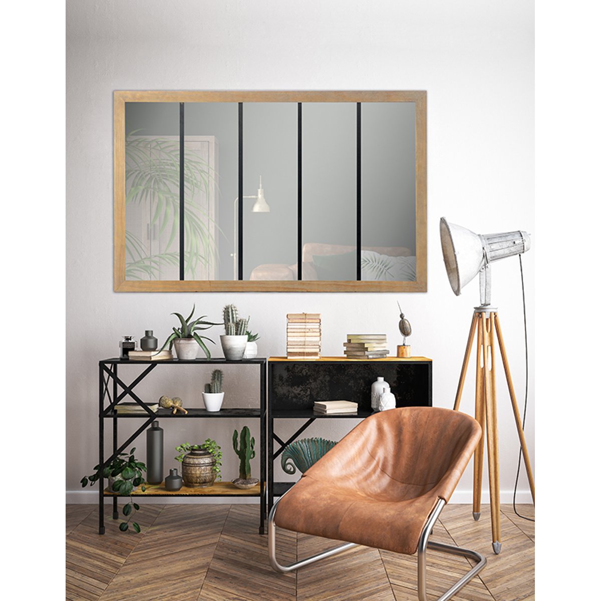 Miroir industriel en bois et métal 90x140cm marron, EMDE