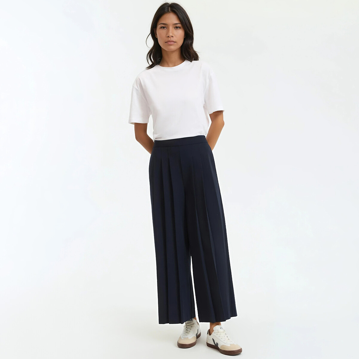 Pleated Loose Fit Wide Leg Ankle Grazer Trousers navy blue, LA REDOUTE COLLECTIONS