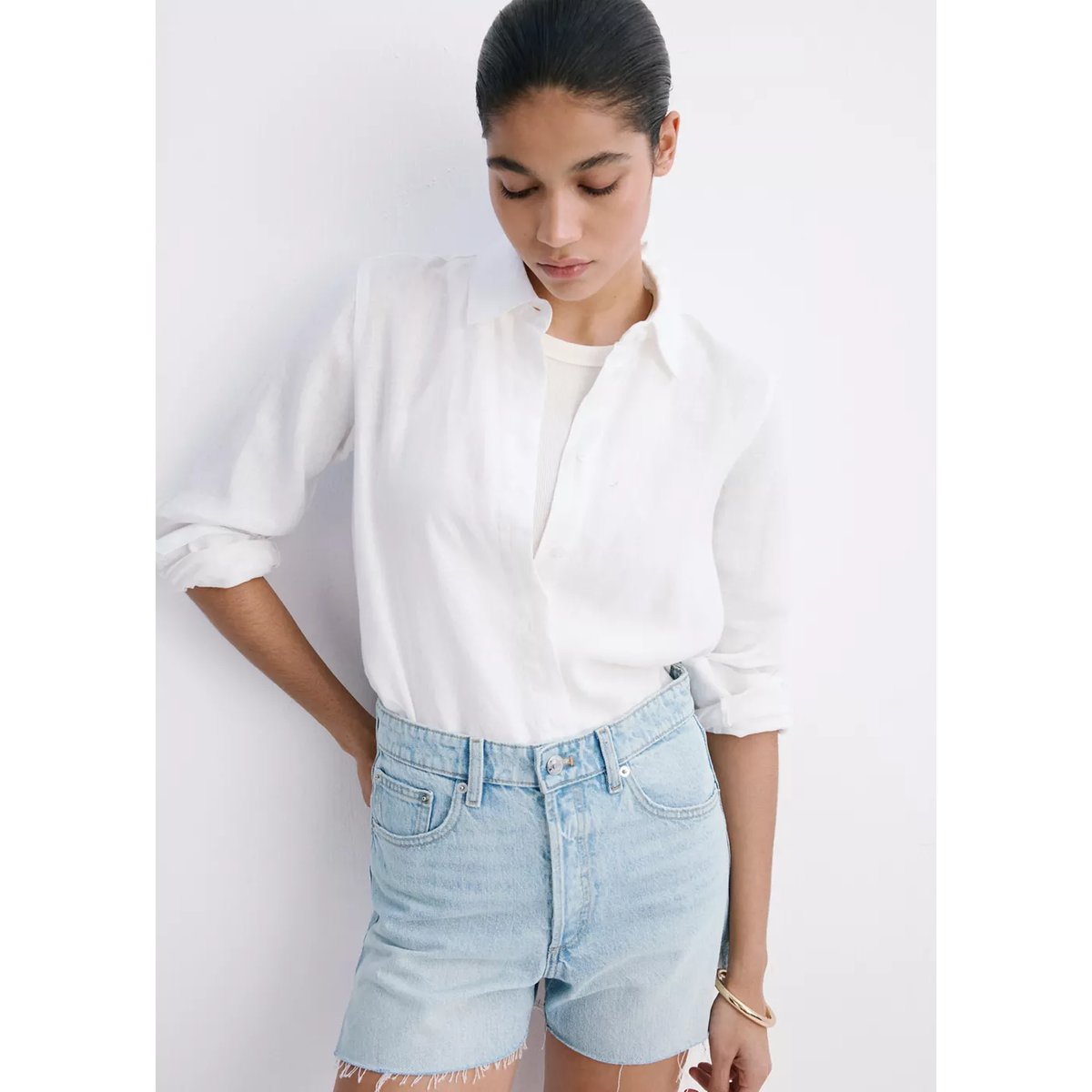 Short en jean revers effilochés bleu clair, MANGO