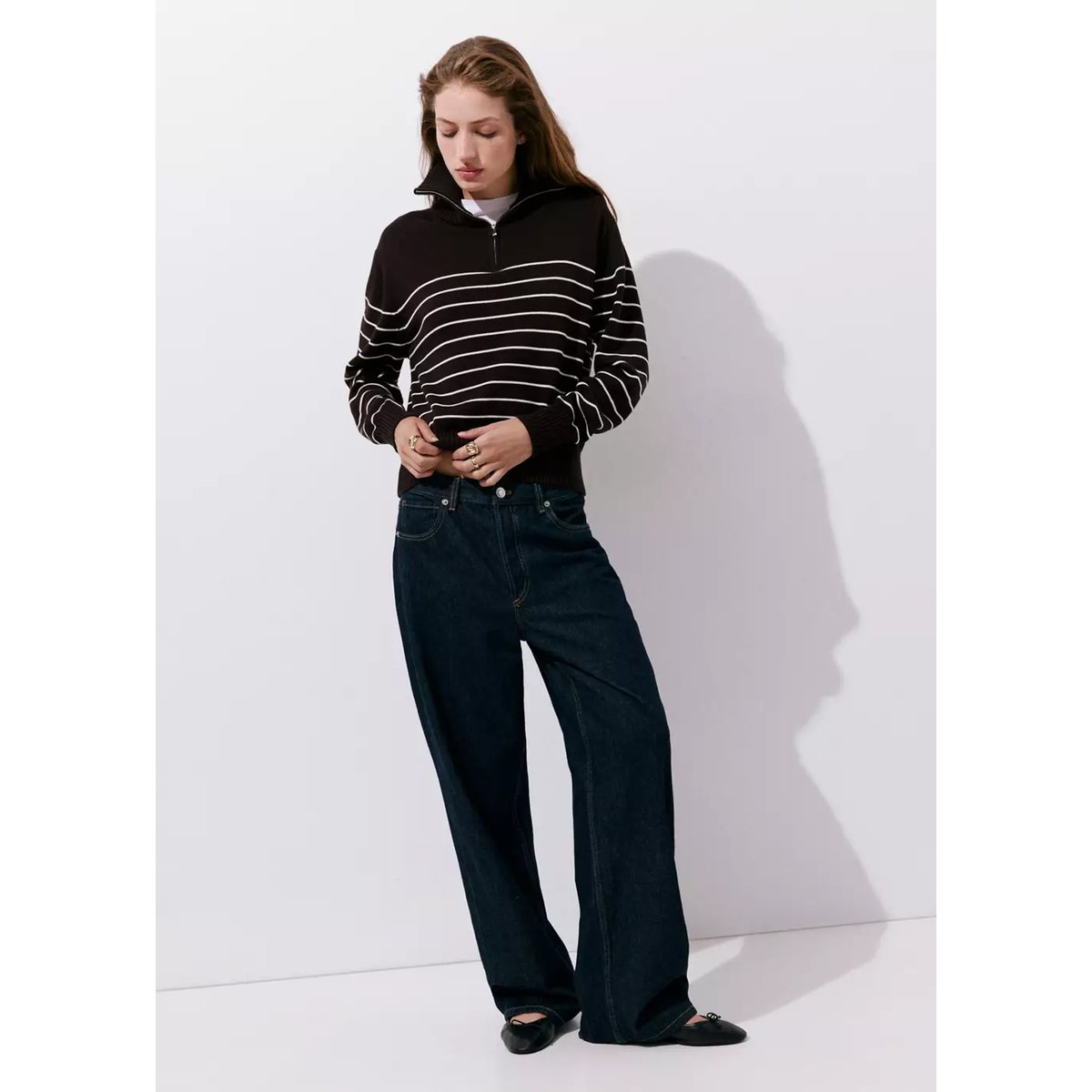 Pull-over zippé rayures marron, MANGO